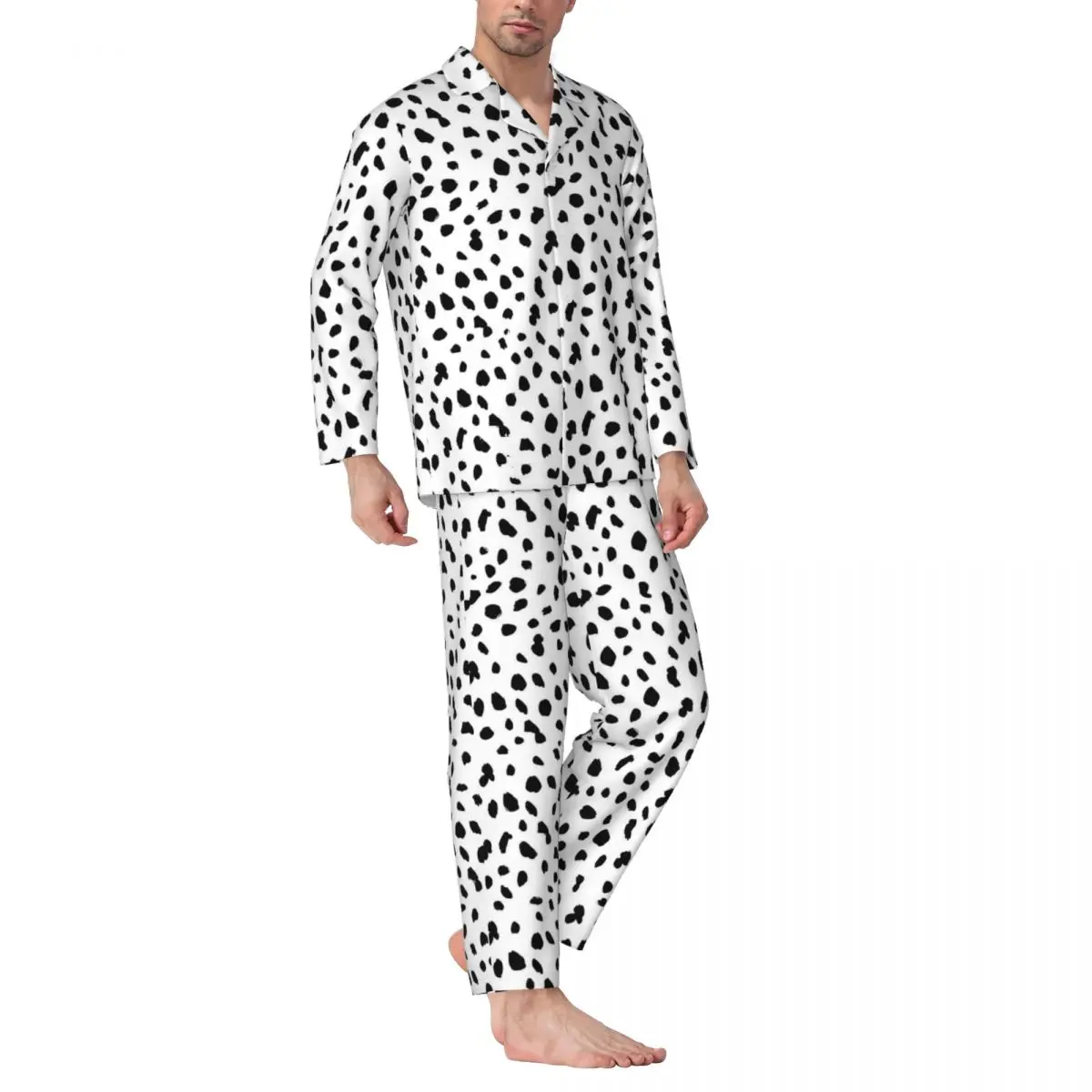 Dálmata Cão de Impressão Pijama Masculino Preto e Branco e a Moda Quarto de Dormir Primavera 2 peças Casuais de grandes dimensões Padrão de Pijama Conjunto0