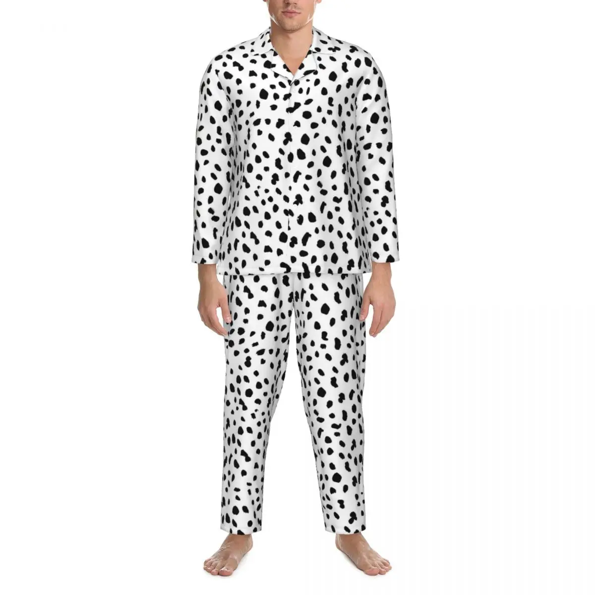 Dálmata Cão de Impressão Pijama Masculino Preto e Branco e a Moda Quarto de Dormir Primavera 2 peças Casuais de grandes dimensões Padrão de Pijama Conjunto1