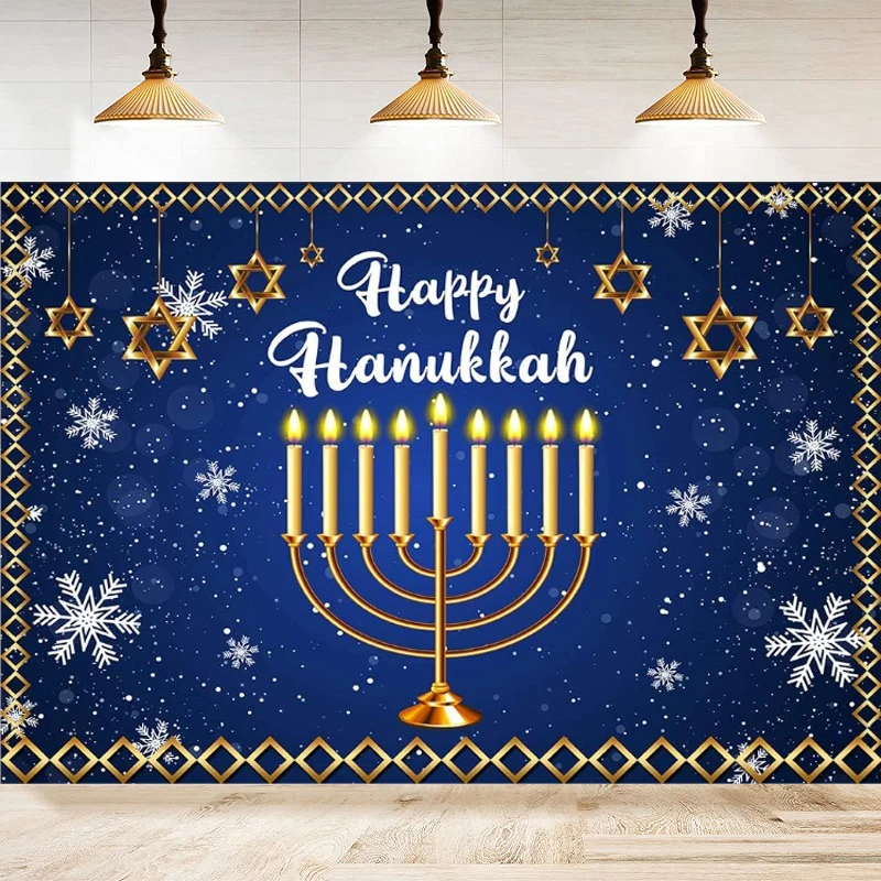 Feliz Hanukkah Fotografia Pano De Fundo Menorá Azul Brilhante Lâmpadas De Chanucá Decoração De Fundo Israel Festa Decoração Do Bolo Tabela De Faixa0