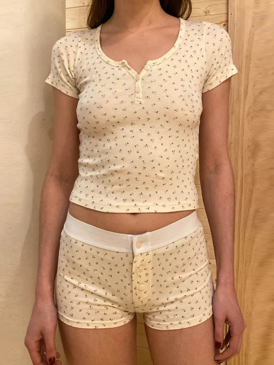 Feminino 2 Peças de Shorts Loungewear, com estampa Floral e Meio de Botão de Manga Curta, blusas e Shorts Homewear Conjuntos1