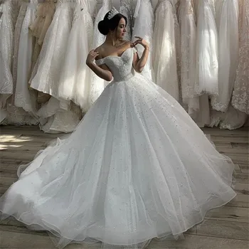 2022 Vestidos De Noiva Querida Sexy Fora Do Ombro Tribunal De Trem Pérola De Tule Vestidos De Casamento Do Laço De Volta Vestido De Noiva