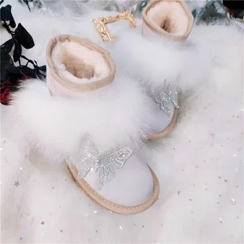 Borboleta decoração artesanal personalizado fox cabelo botas de Inverno de mais de lã quente botas de Pele de uma peça de botas para mulheres plus size 35-44
