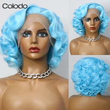 COLODO Corpo Curto de Onda Azul do Destaque Lace Front Wig Bob Sintético Perucas para Mulher, Marilyn Monroe Peruca de Cosplay Drag Queen
