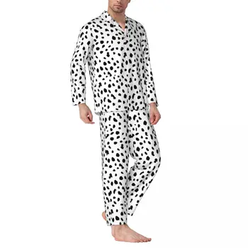 Dálmata Cão de Impressão Pijama Masculino Preto e Branco e a Moda Quarto de Dormir Primavera 2 peças Casuais de grandes dimensões Padrão de Pijama Conjunto