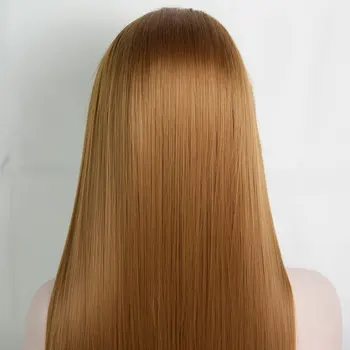 Ouro Marrom Sintética Lace Front Wig Glueless Reta Resistentes Ao Calor, A Fibra Do Cabelo Natural Fio De Despedida Do Meio Para As Mulheres Perucas