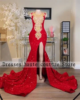 Vermelho Novo O Pescoço Vestido De Baile De 2023 Para Meninas Pretas Frisados De Cristal Sereia Vestidos De Celebridade Alta Divisão De Vestidos De Noite De Robe De Bal