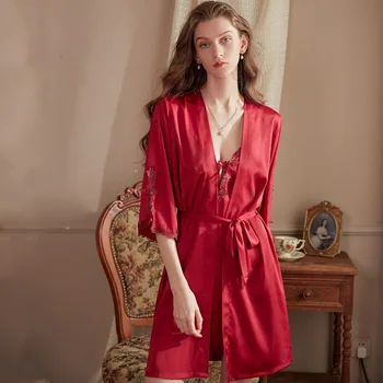 Verão Sexy Das Mulheres Apliques De Renda Dividir Manto Nightdress Conjuntos De Pijamas De Seda Pijamas Homewear Lingerie Vestido